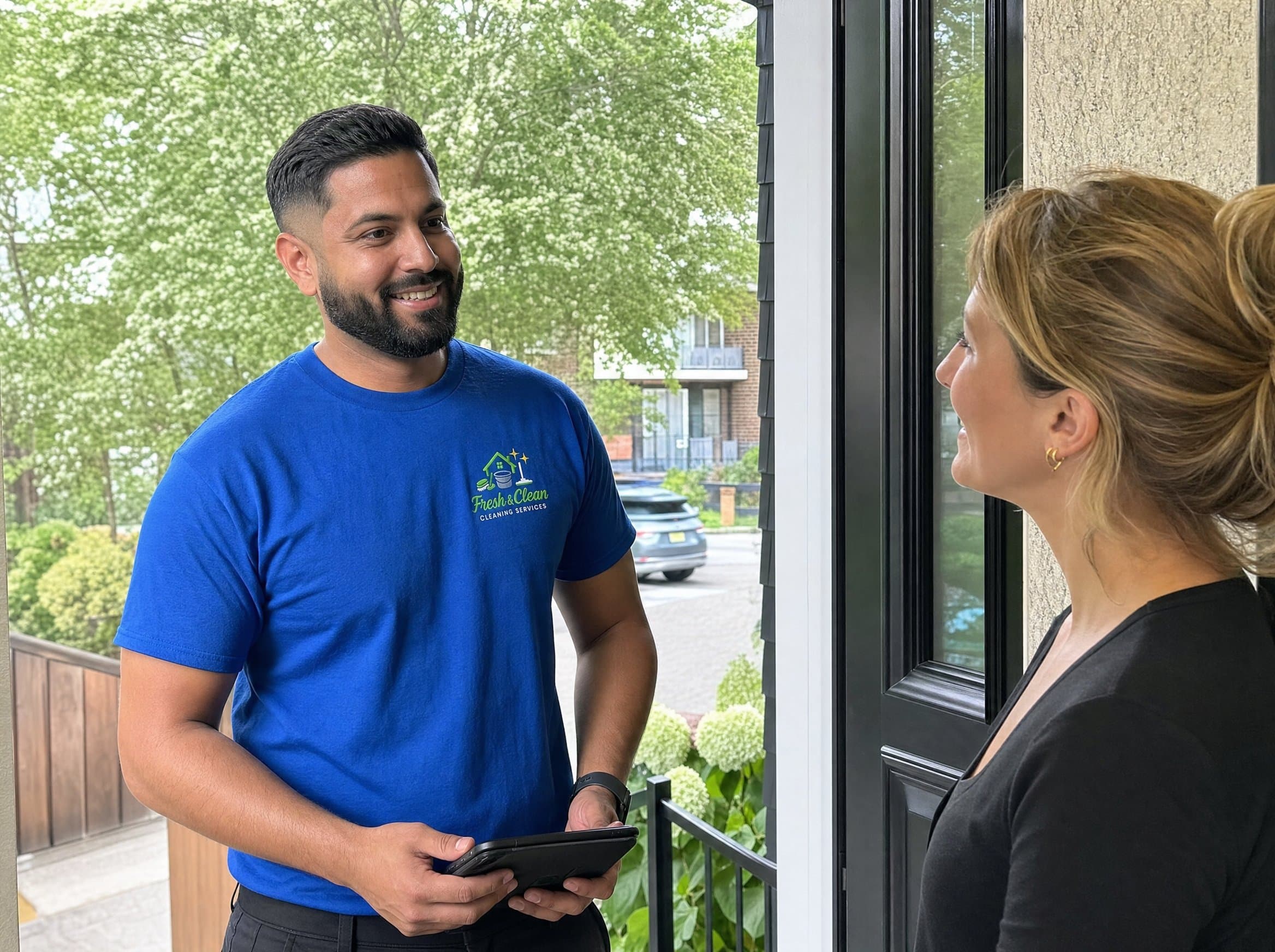 Membre de l'équipe Fresh & Clean lors d'une rencontre d'estimation avec un client