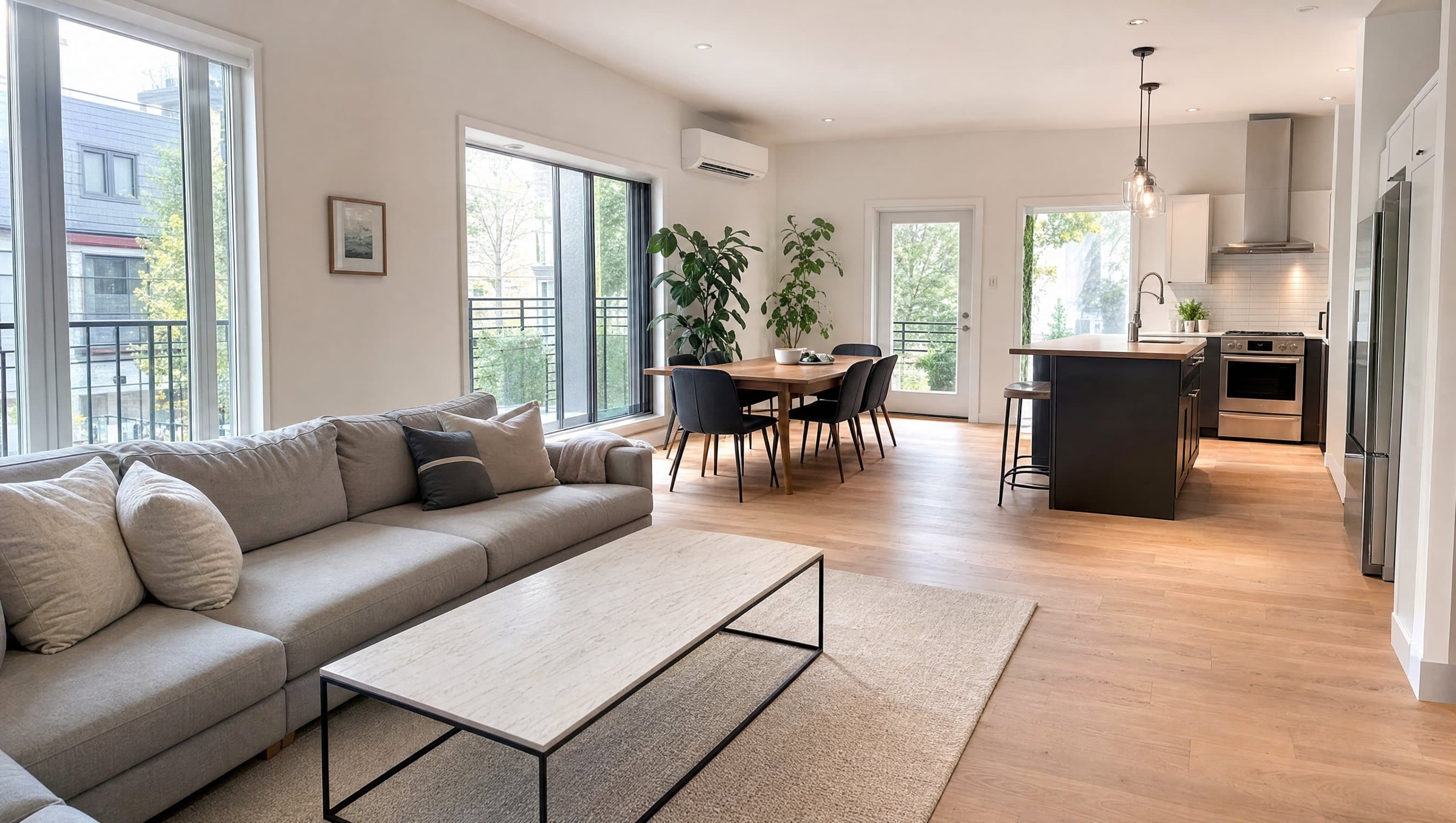 Salon et cuisine spacieux et propres dans une maison à Montréal
