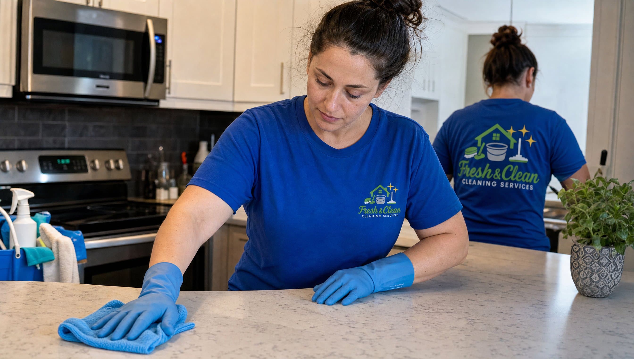 Employée Fresh & Clean essuyant un comptoir de cuisine lors d'un entretien ménager régulier à Montréal