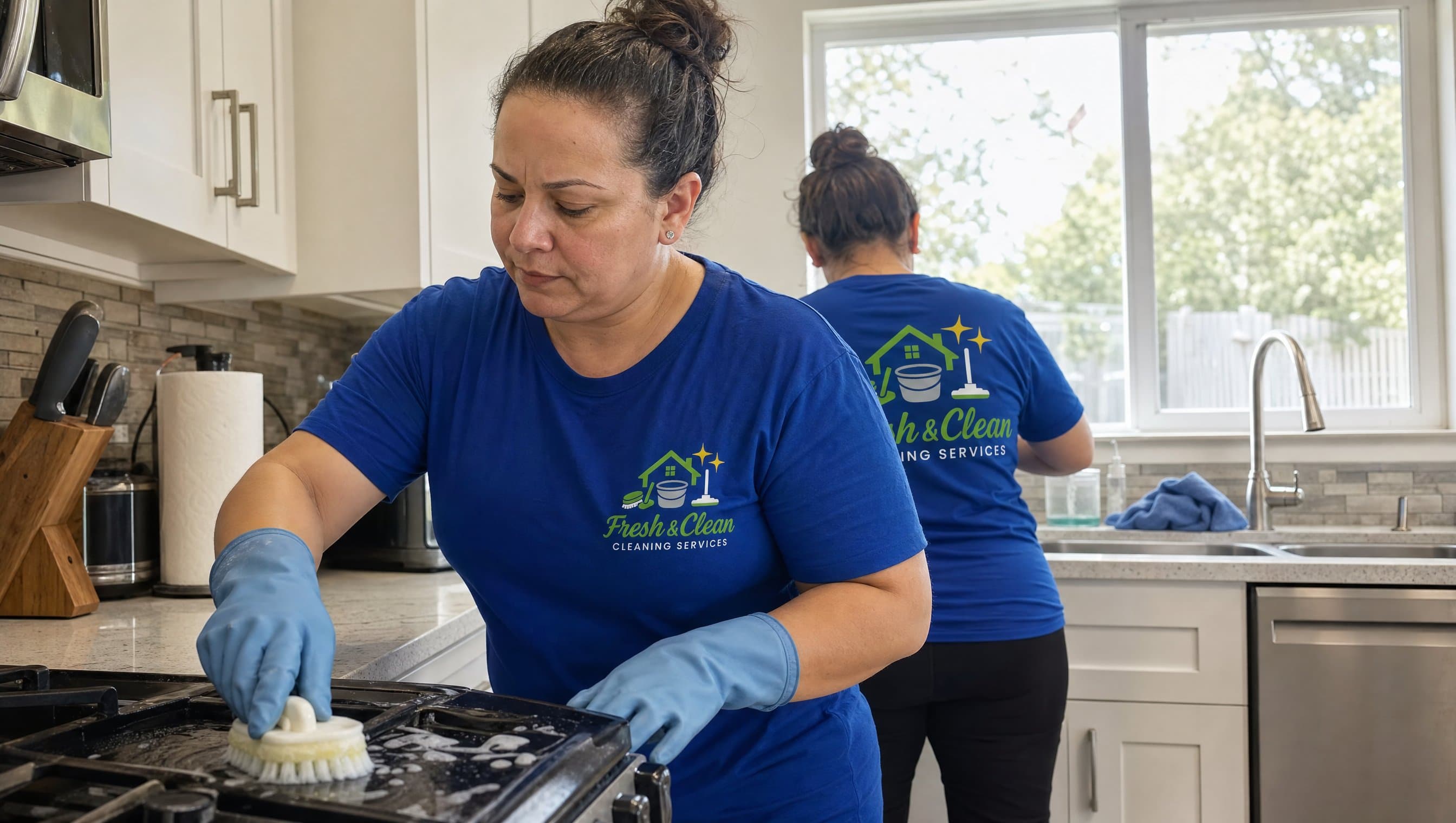 Employée Fresh & Clean récurant une cuisinière lors d'un ménage en profondeur à Montréal