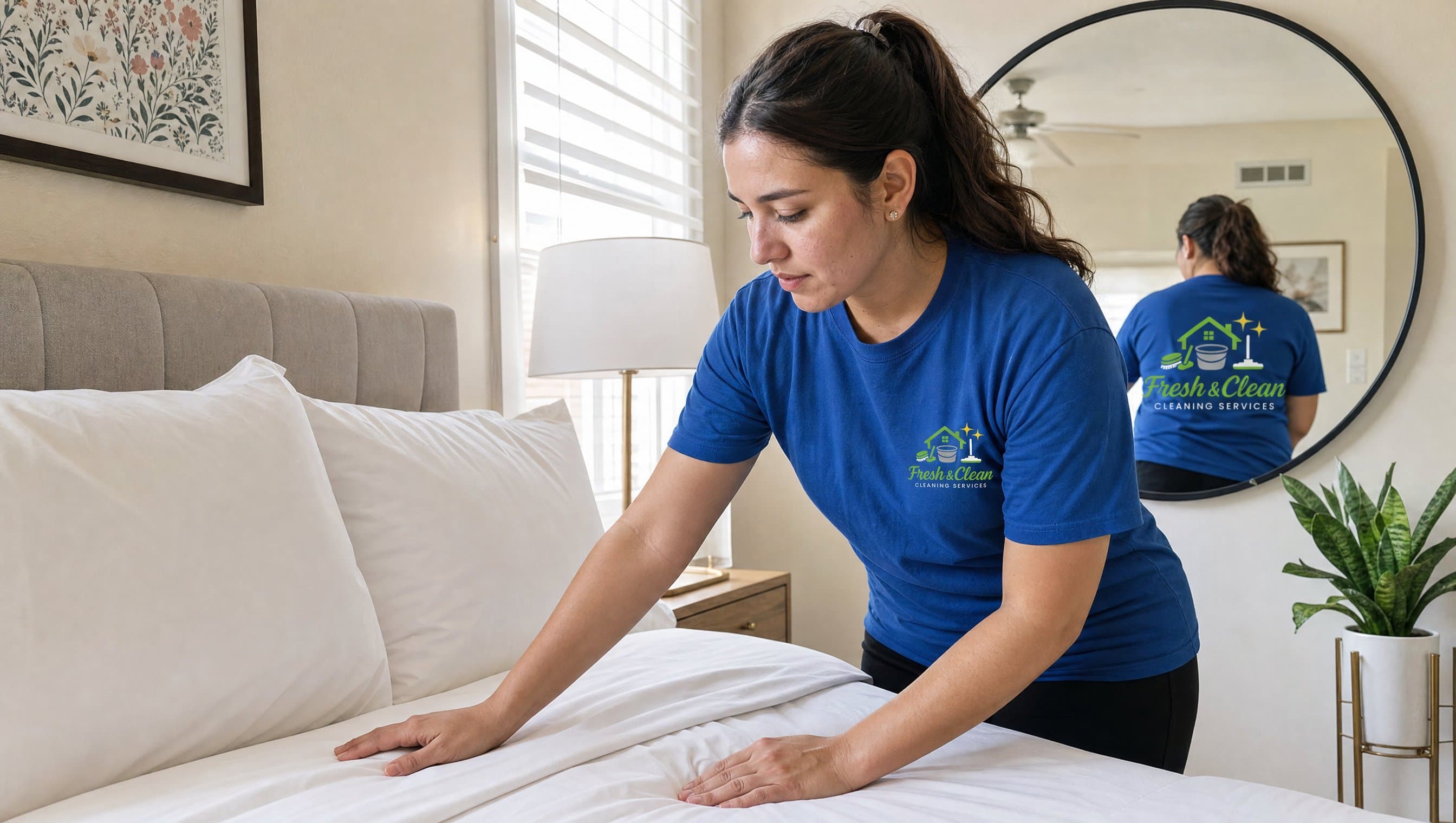 Employée Fresh & Clean refaisant un lit lors d'un nettoyage Airbnb à Montréal