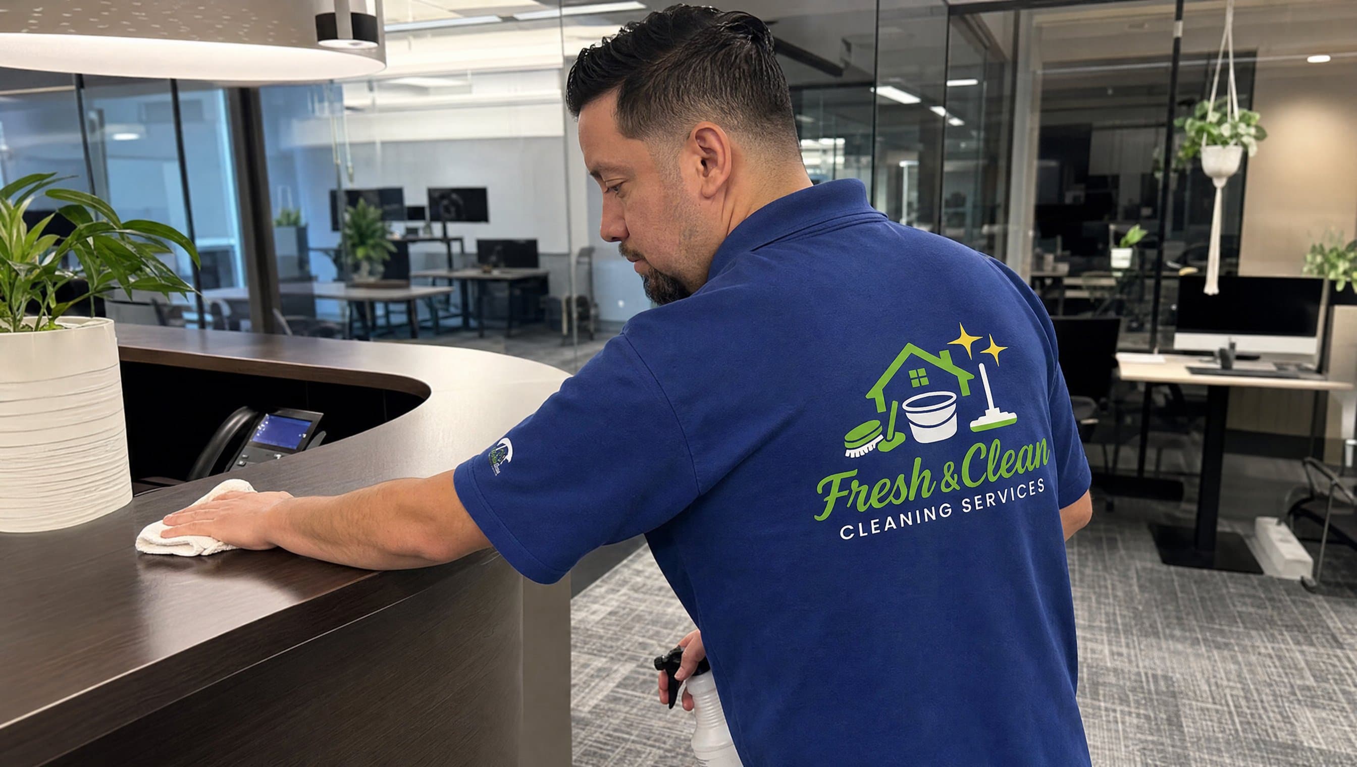 Employé Fresh & Clean nettoyant un bureau d'accueil lors d'un nettoyage commercial à Montréal