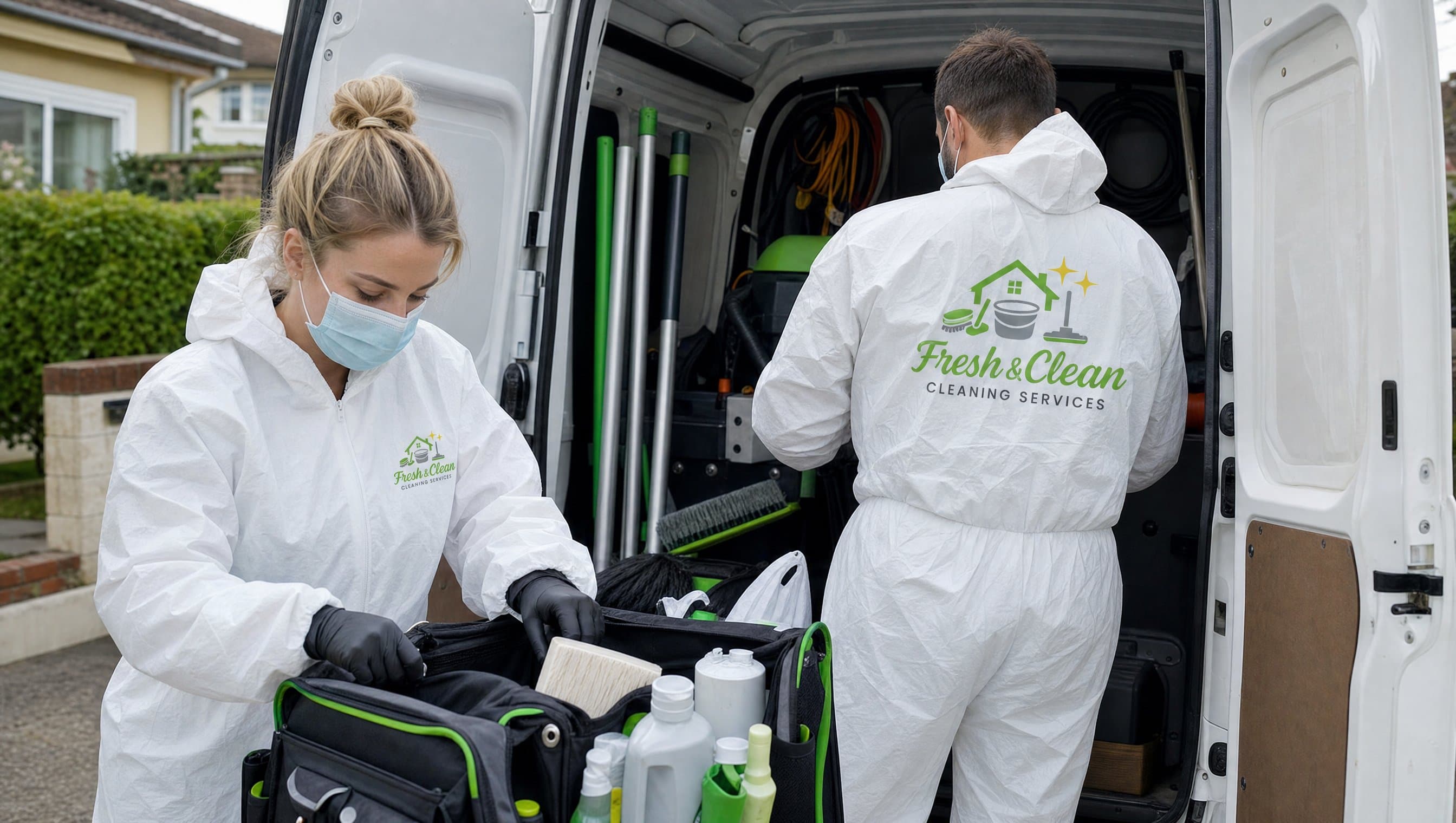 Équipe Fresh & Clean préparant son matériel avec discrétion pour une intervention liée au syndrome de Diogène